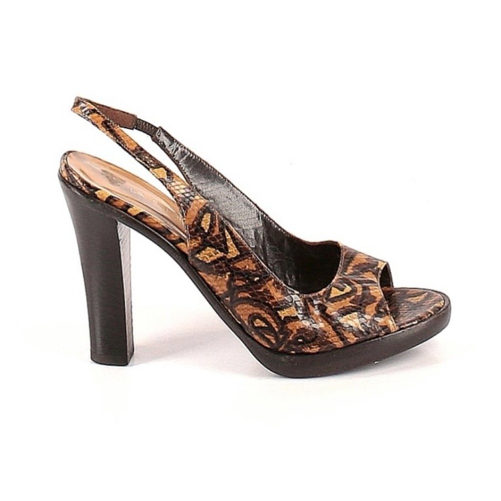 VIA SPIGA Women's Size 7 1/2 Brown Leather Chunky Heels Peep Toe Pumps Animal